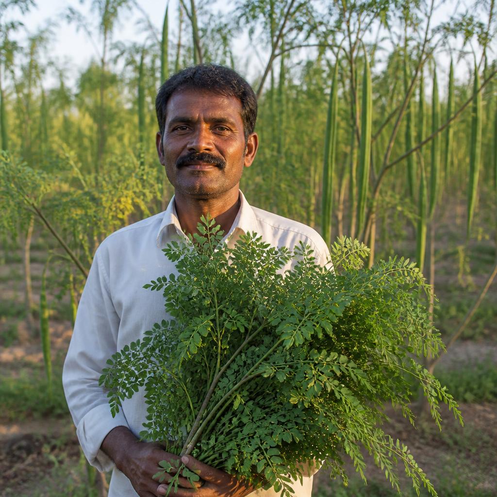 Indian farmer holding fresh moringa leaves
